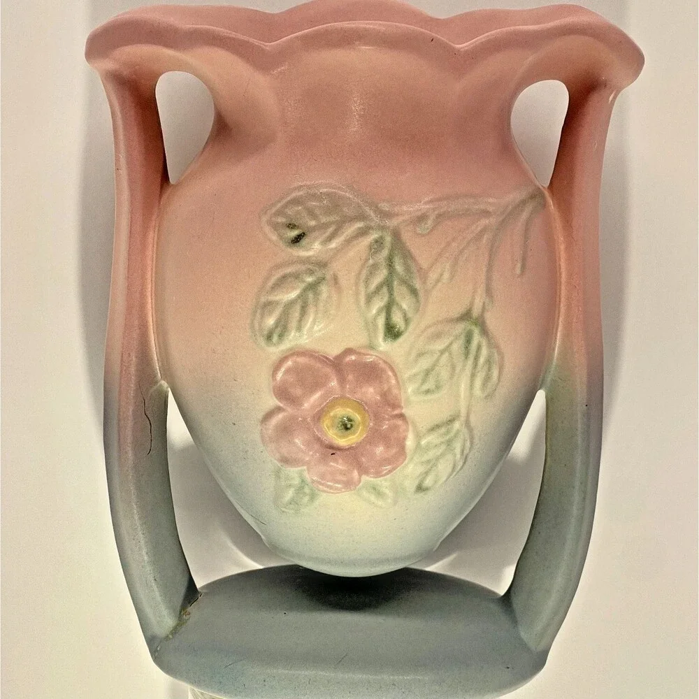 Vintage 1940's Hull Art Pottery Vase 502-6 1/2 Dogwood Wild Rose Pink Blue USA